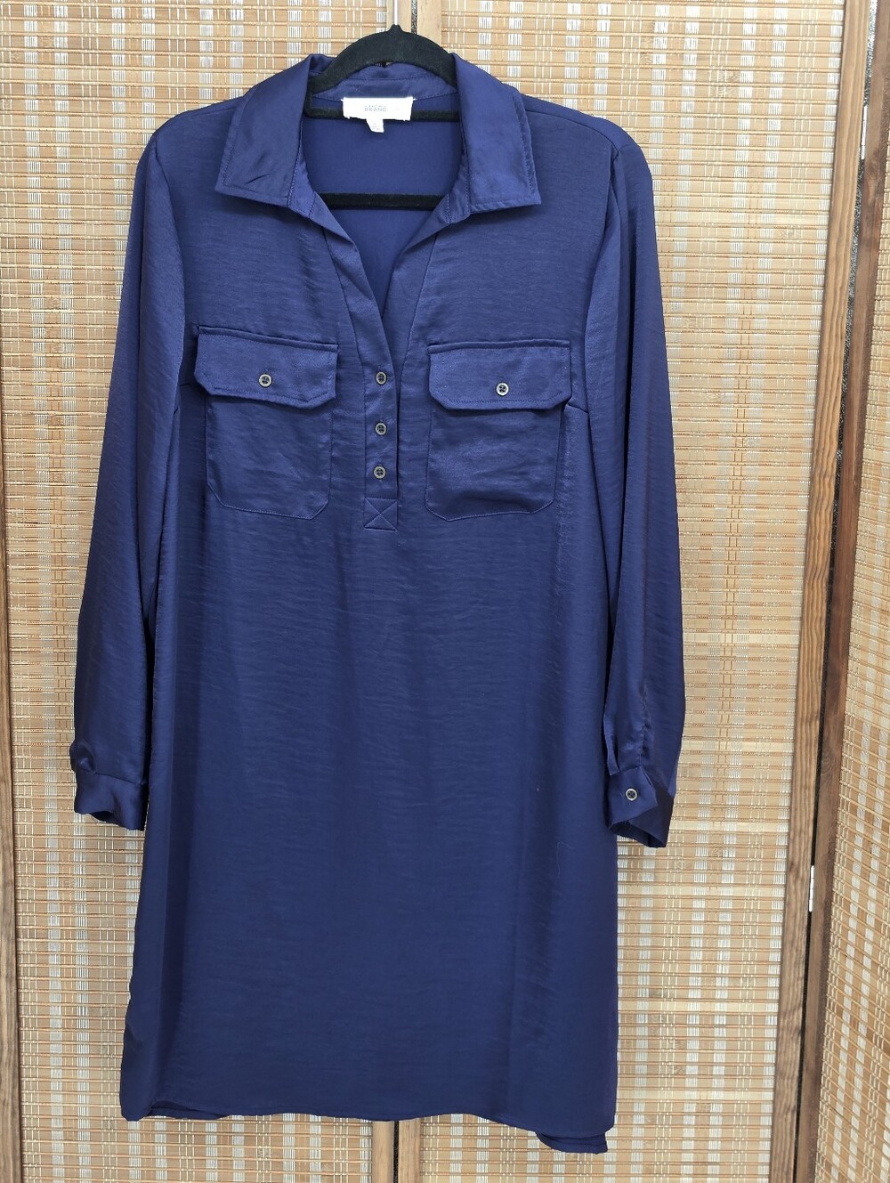 Lucky Brand  Navy Long-Sleeve Button Placket Satin Shirt Dress Size Medium